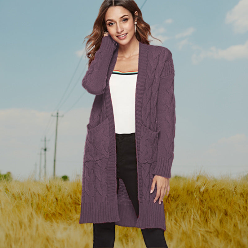 Damen Strickmantel mit großen Taschen und eleganten Zopfmustern WW