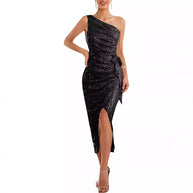 Damen asymmetrisches Abendkleid mit Pailletten und hohem Schlitz WW
