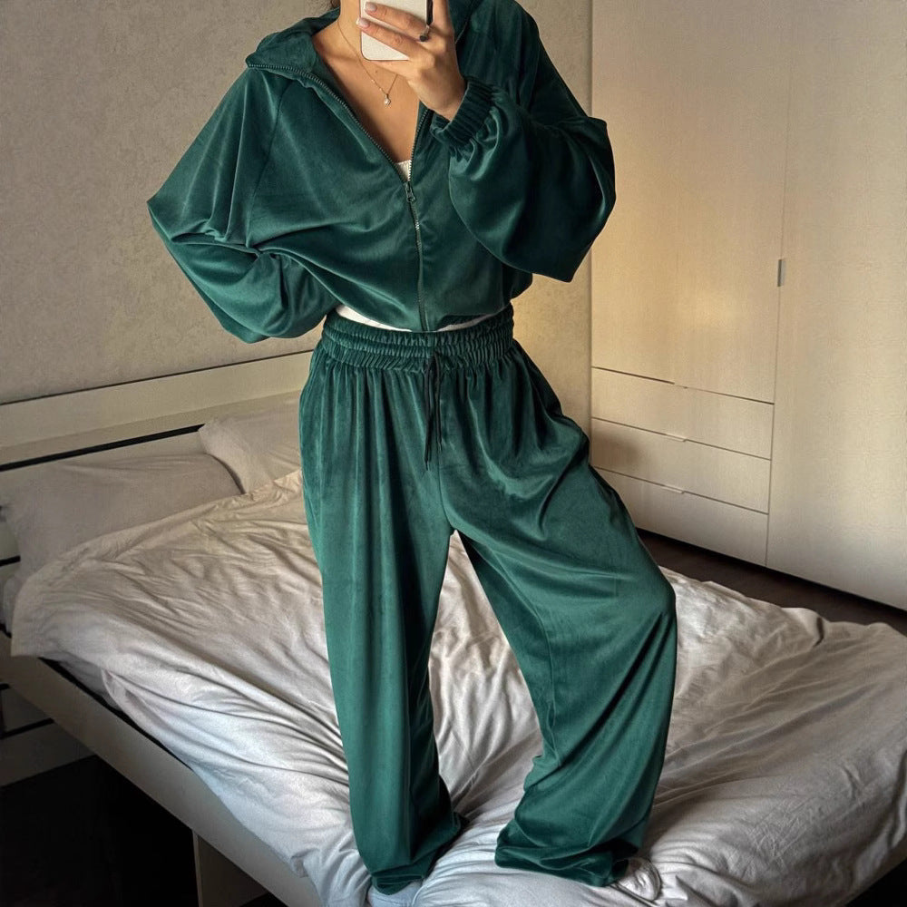 Damen sportlicher Fleece-Jogginganzug mit praktischen Taschen und hohem Kragen WW