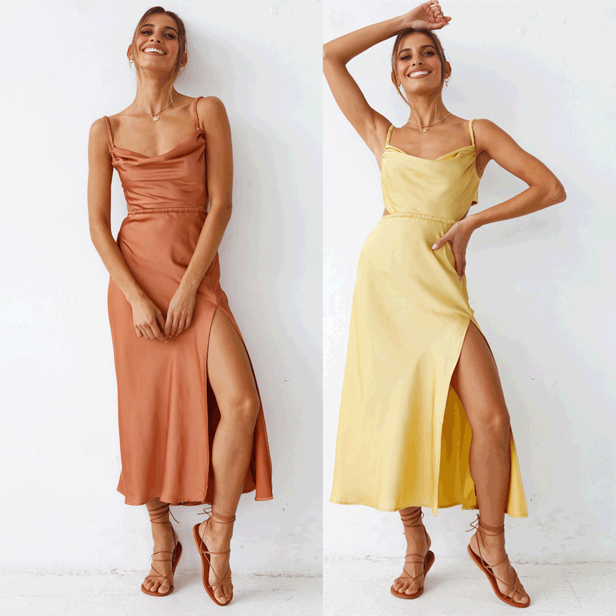 Damen Satin-Midikleid mit raffinierten Rüschendetails und elegantem Tragekomfort WW