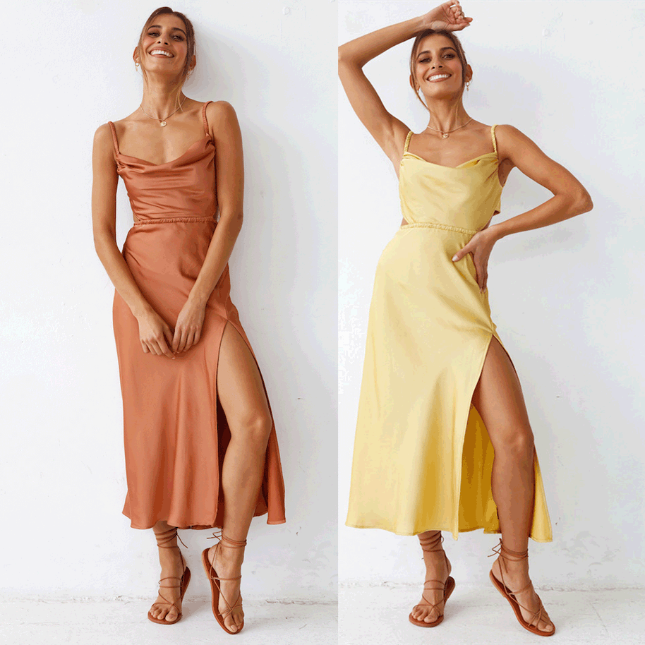 Damen Satin-Midikleid mit raffinierten Rüschendetails und elegantem Tragekomfort WW