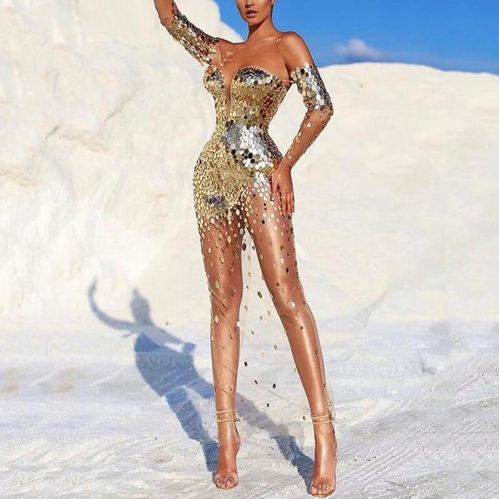 Damen Glamouröses Partykleid mit Pailletten und tiefem Ausschnitt W&W Mode