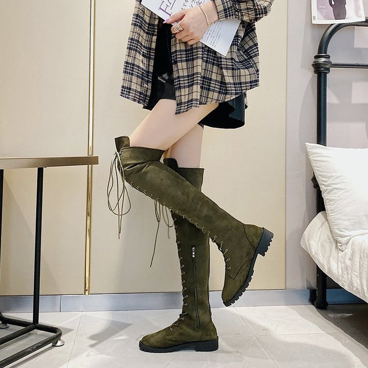 Damen Overknee-Stiefel mit raffinierter Schnürung und robustem Profil W&W Mode