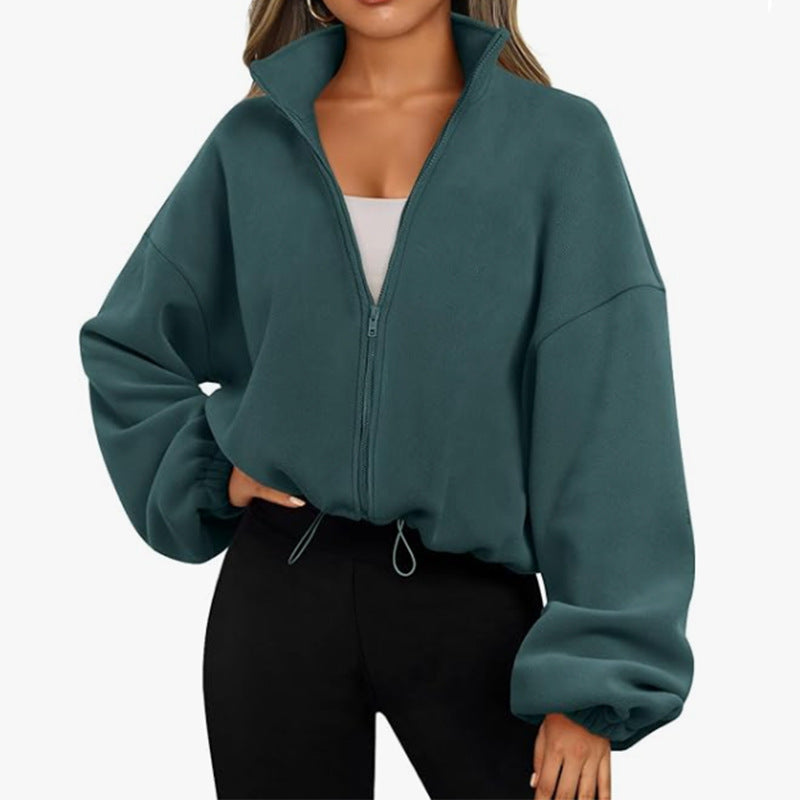 Damen modischer Oversized Pullover mit hohem Kragen und Reißverschluss WW