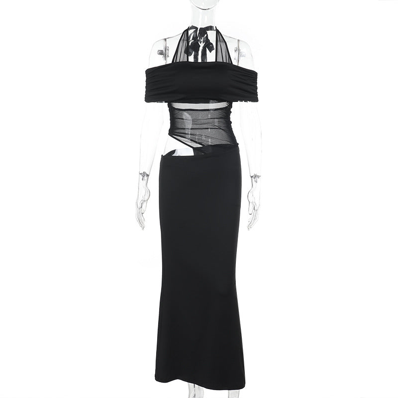 Damen Cocktailkleid mit schulterfreiem Design und raffiniertem Netz-Einsatz W&W Mode