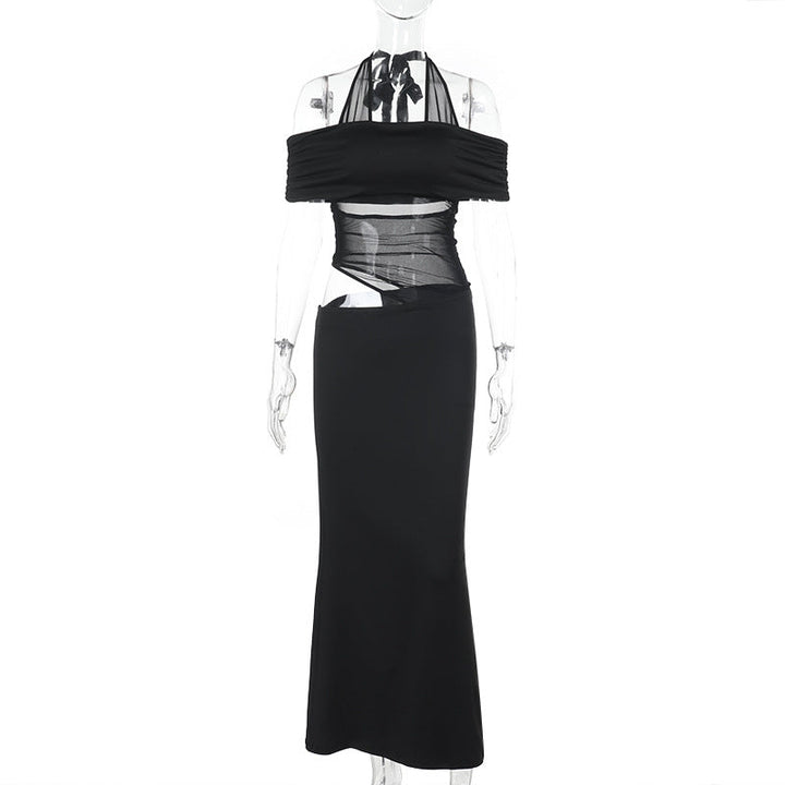 Damen Cocktailkleid mit schulterfreiem Design und raffiniertem Netz-Einsatz W&W Mode