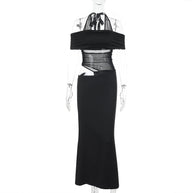 Damen Cocktailkleid mit schulterfreiem Design und raffiniertem Netz-Einsatz W&W