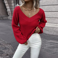 Damen Strickpullover mit V-Ausschnitt und weitem Ärmel WW