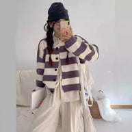 Damen Strickjacke mit Druckknopfverschluss und breiten Streifen WW