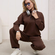 Damen Sportliches Loungewear-Set mit halbem Reißverschluss und elastischem Bund WW