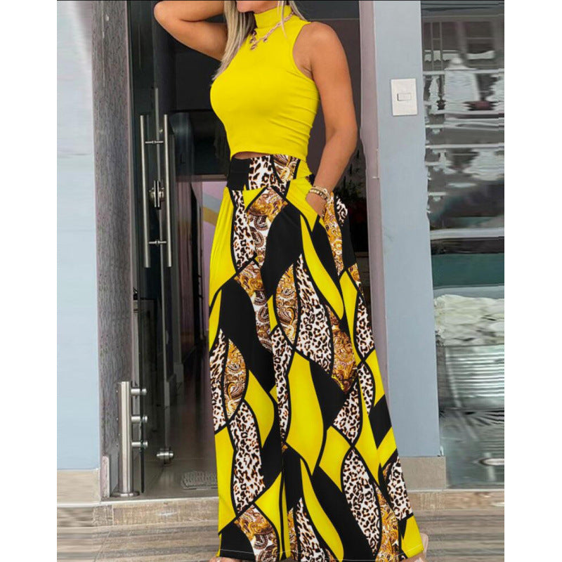 Damen Stilvolles Zweiteiliges Cropped Top und Breite Hosen Set WW