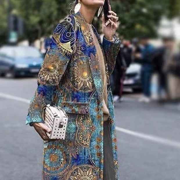 Damen Dekorativer Mantel mit Kunstmuster und tiefem Kragen WW