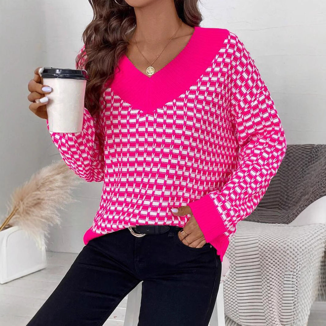 Damen Strickpullover mit V-Ausschnitt und modernem Karomuster W&W Mode