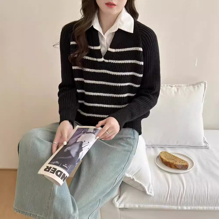 Damen Strickpullover mit V-Ausschnitt und gestreiftem Design WW