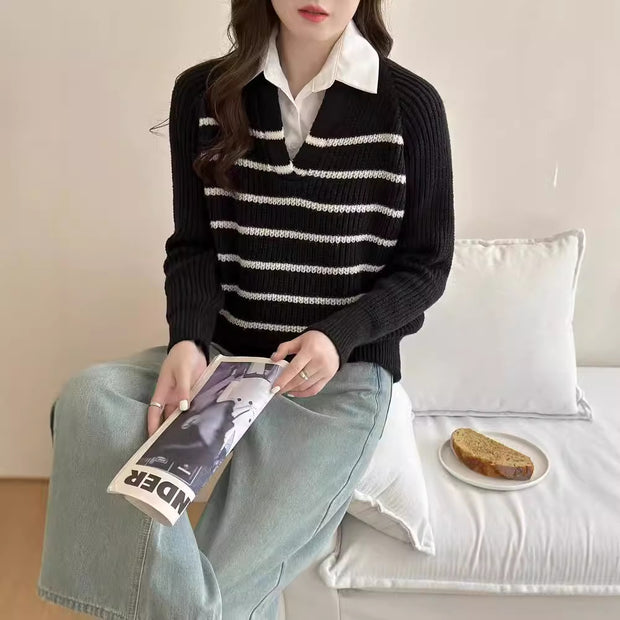 Damen Strickpullover mit V-Ausschnitt und gestreiftem Design WW