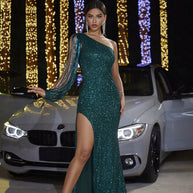 Damen elegantes Abendkleid mit asymmetrischem Ausschnitt und glitzernden Details WW