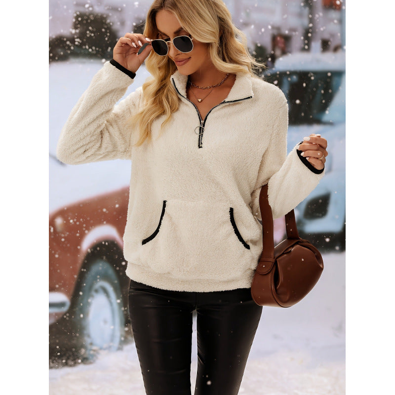 Damen Bequemer Hoher Kragen Fleece Pullover mit Reißverschlussklappe WW