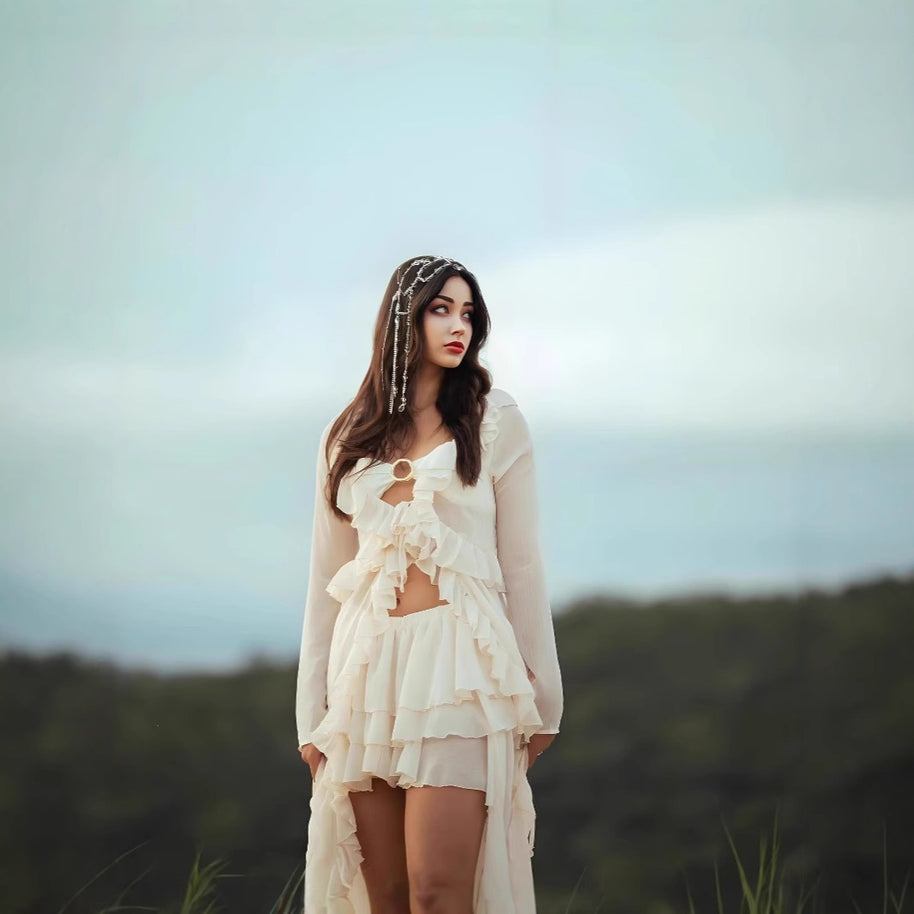 Damen romantisches Rüschenkleid mit langen Ärmeln WW