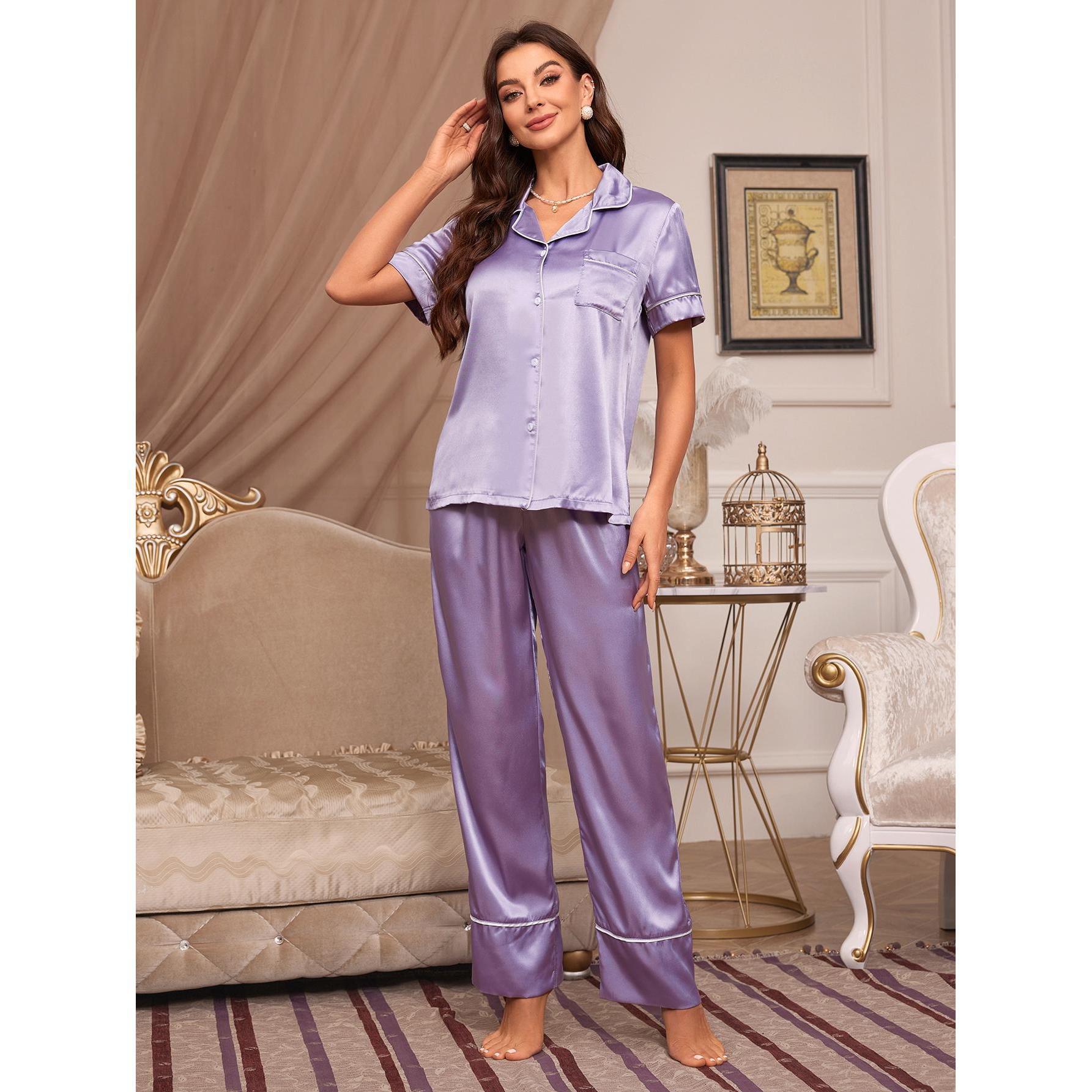 Damen Satin Pyjama-Set mit elegantem Kragen und Knopfleiste WW