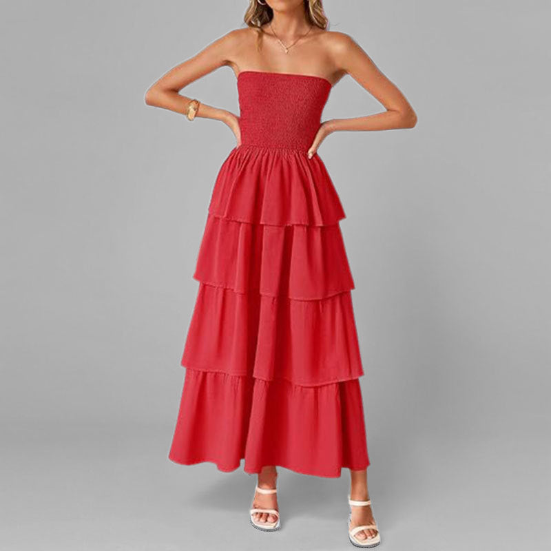 Damen Maxikleid mit schulterfreiem Design und voluminösen Rüschenschichten W&W Mode