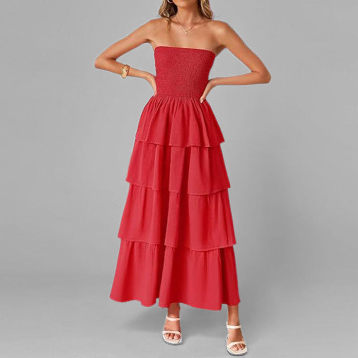 Damen Maxikleid mit schulterfreiem Design und voluminösen Rüschenschichten W&W Mode