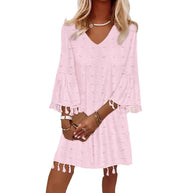 Damen Strandkleid mit modischen Fransen und V-Ausschnitt WW