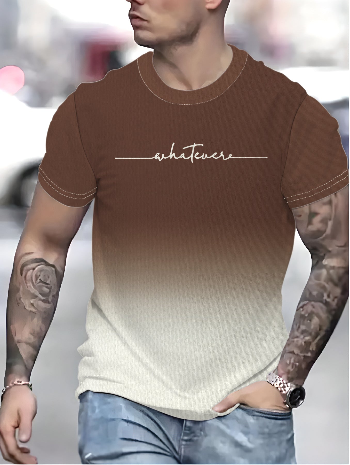 Herren T-Shirt mit kreativem Schriftzug und modernem Farbverlauf WW