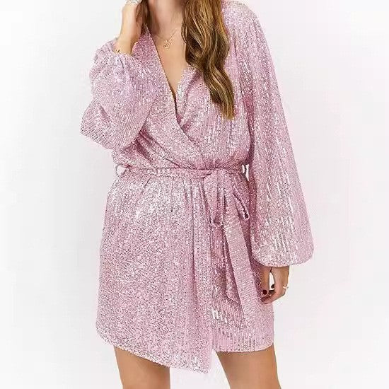 Damen Glitzernder Morgenmantel mit elegantem V-Ausschnitt und breiten Ärmeln WW