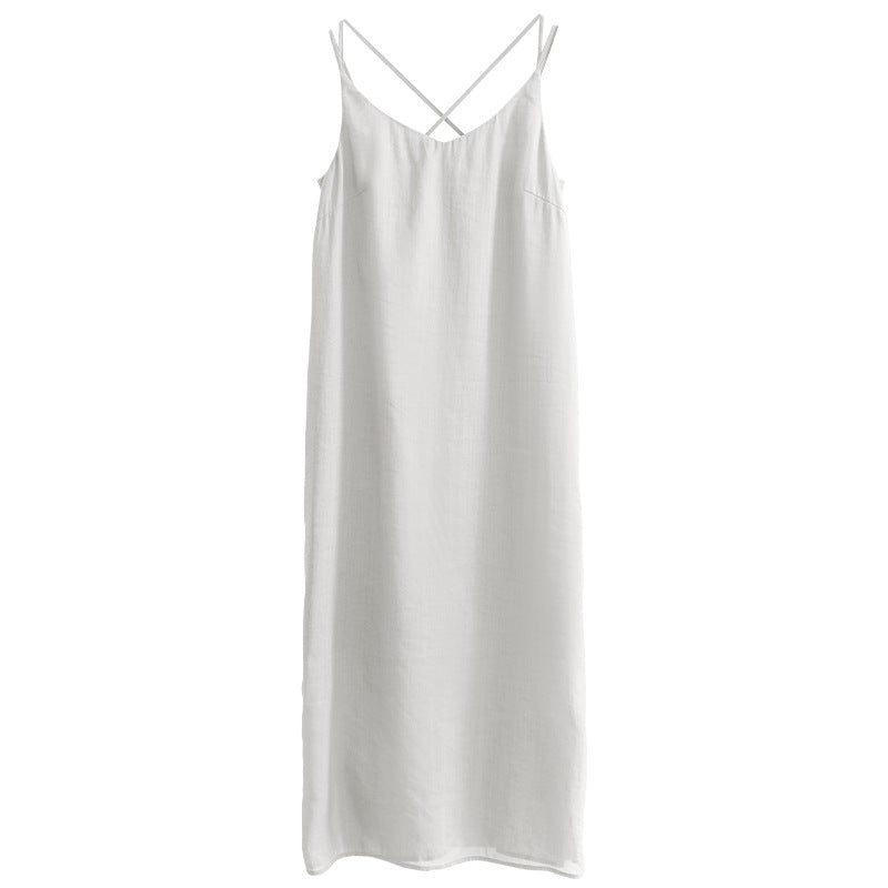 Damen elegantes Leinenkleid mit verstellbaren Spaghetti-Trägern und fließendem Schnitt WW