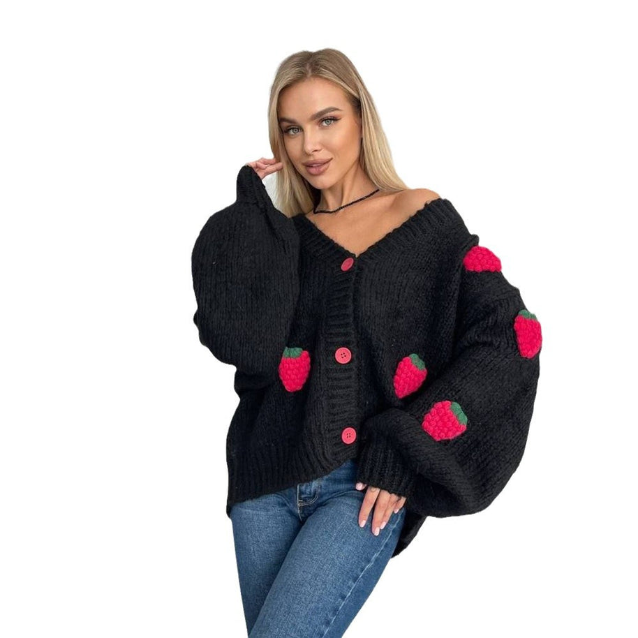 Damen Strickjacke mit verspieltem Erdbeermuster und weiten Ärmeln WW