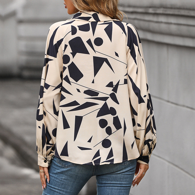 Damen lässige Bluse mit modernem grafischem Druck und voluminösen Ärmeln WW