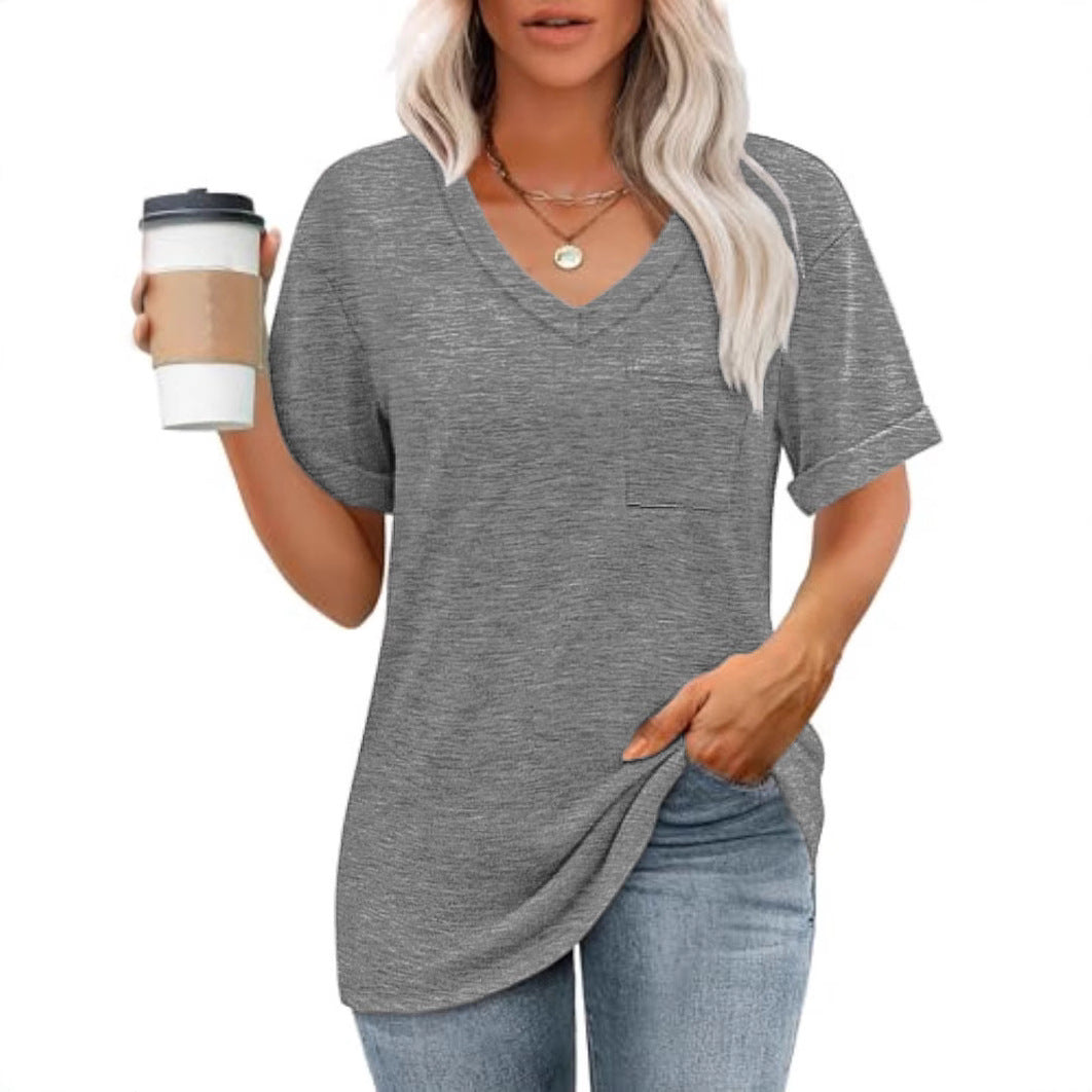 Damen V-Ausschnitt T-Shirt mit Taschen und lässiger Passform W&W Mode