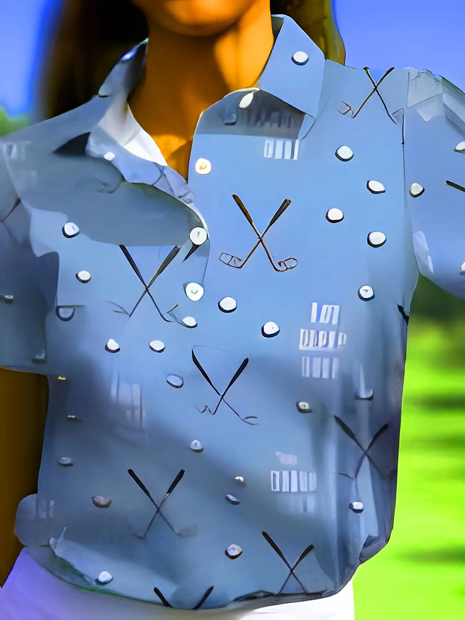 Damen Kurzarm-Hemd mit modischem Golf-Print und komfortablem Schnitt WW