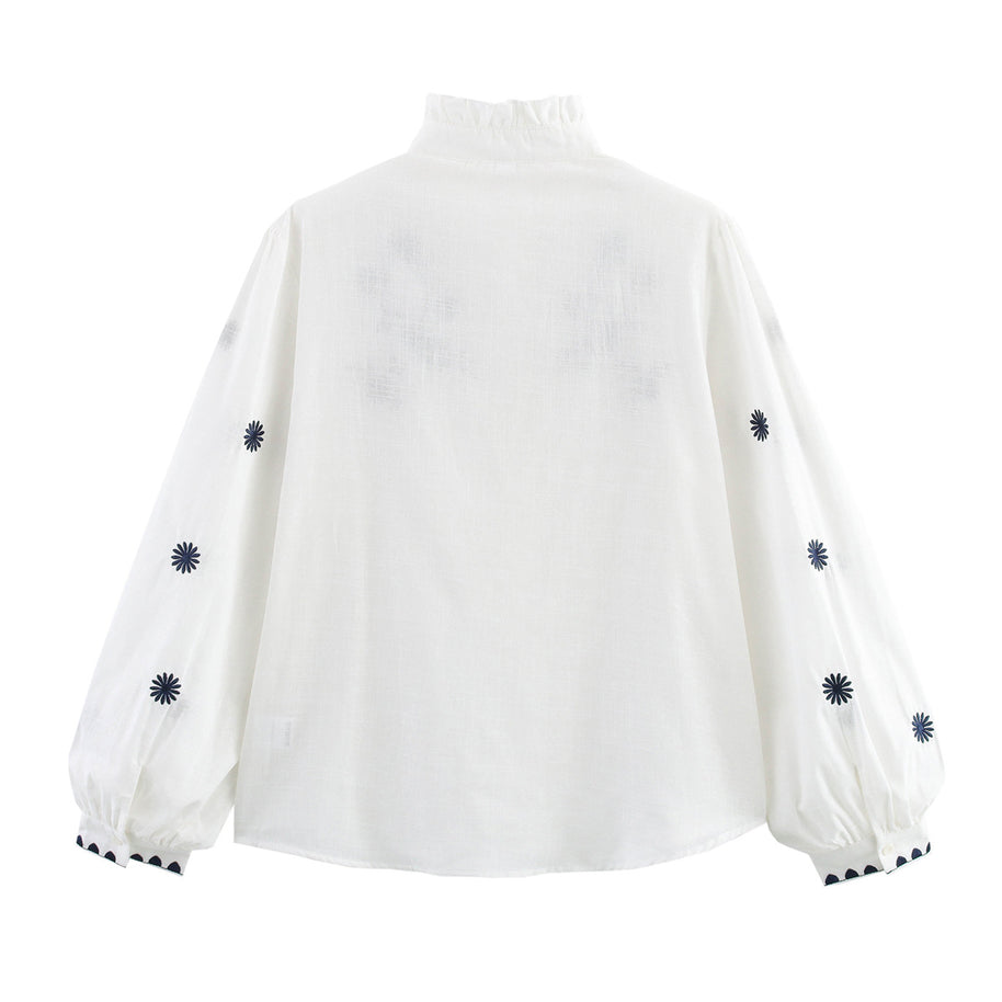 Damen Bestickte Bluse mit Stehkragen und langen Ärmeln WW