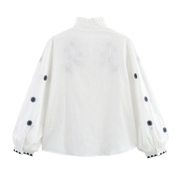 Damen Bestickte Bluse mit Stehkragen und langen Ärmeln WW