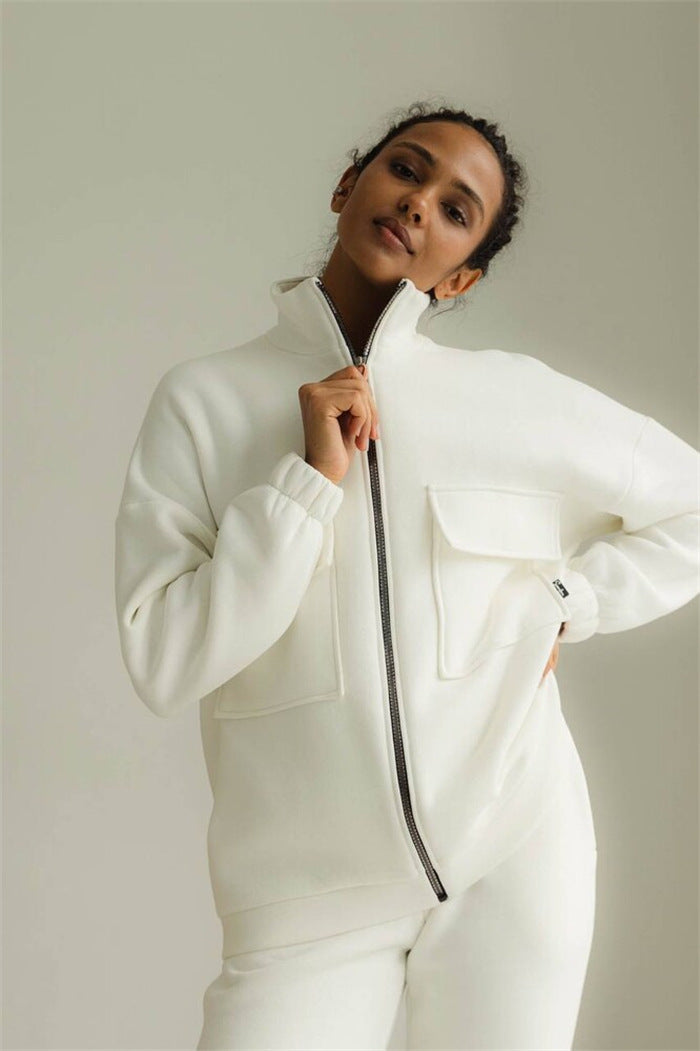 Damen sportlicher Fleece-Kapuzenpullover mit Reißverschluss und praktischen Taschen WW