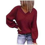 Damen Strickpullover mit V-Ausschnitt und Ballonärmeln WW