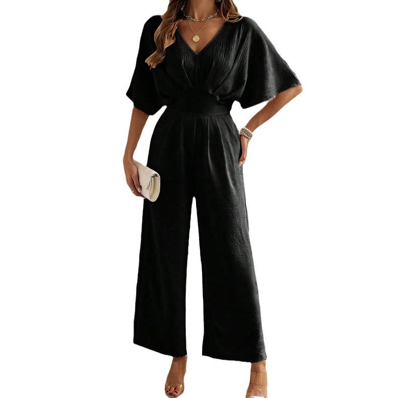 Damen Weit geschnittener Jumpsuit mit eleganten Drapierungen und V-Ausschnitt WW