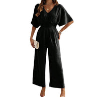 Damen Weit geschnittener Jumpsuit mit eleganten Drapierungen und V-Ausschnitt WW