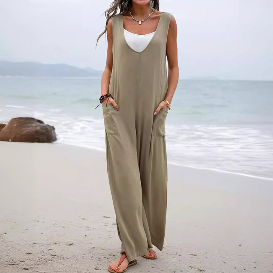 Damen lässiger Jumpsuit mit weit geschnittenem Bein und komfortablen Taschen WW