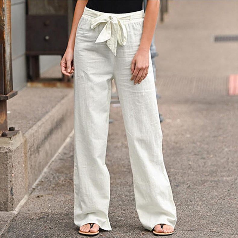 Damen bequeme Leinenhose mit elastischem Bund und verstellbarem Bindegürtel WW