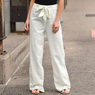 Damen bequeme Leinenhose mit elastischem Bund und verstellbarem Bindegürtel WW