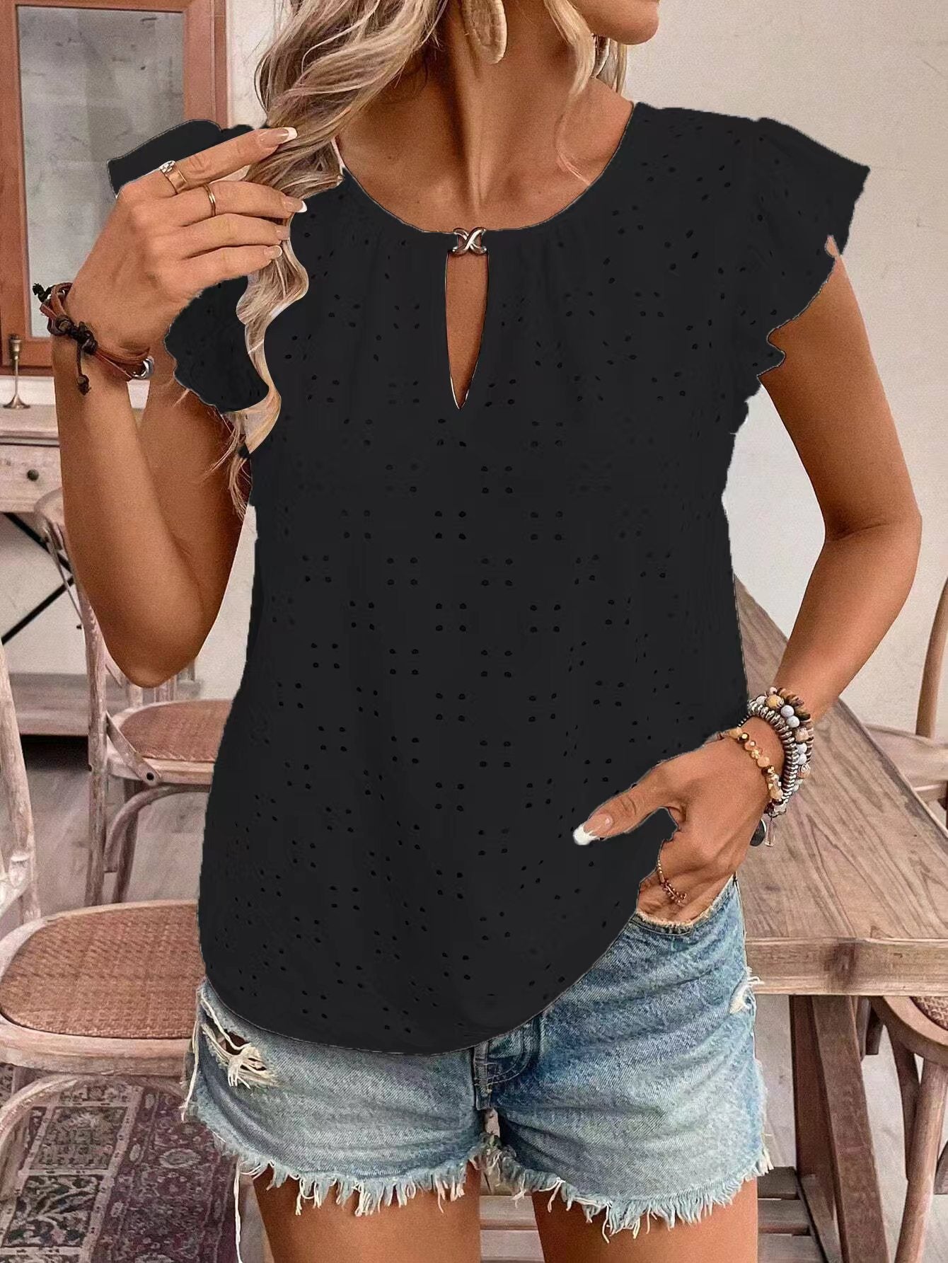 Damen Bluse mit Rüschendetails und Lochstickerei WW