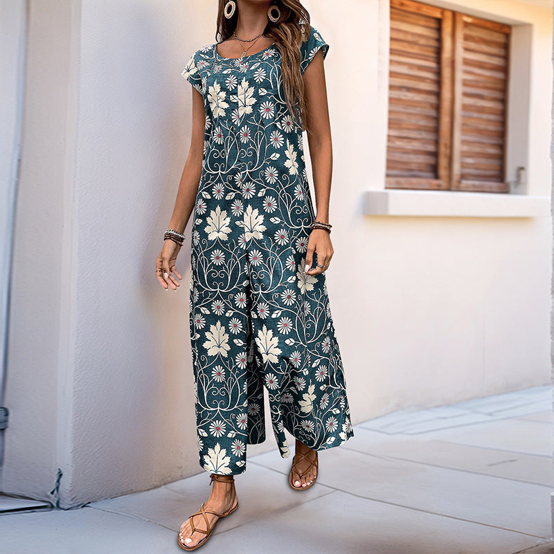 Damen Jumpsuit mit floralem Design und kastanienbraunem Bindegürtel WW