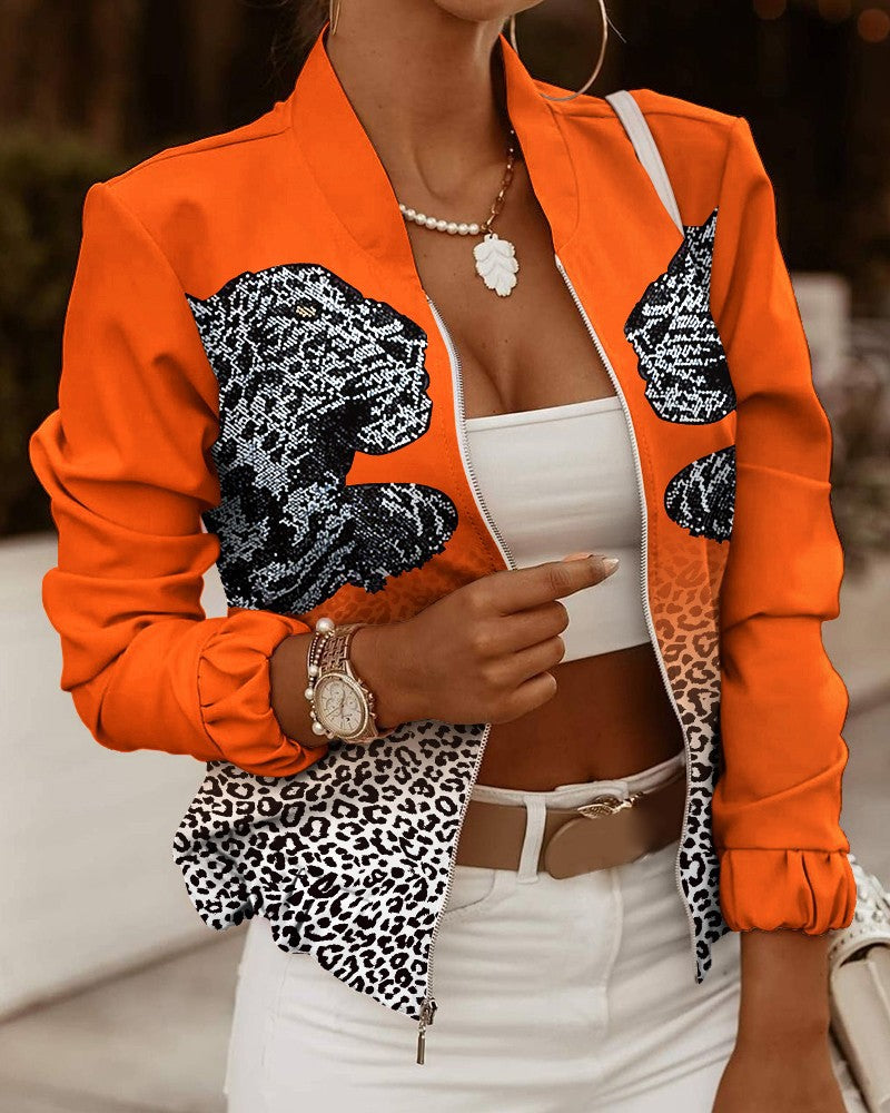 Damen sportliche Bomberjacke mit floralem Design und kontrastierenden Ärmelakzenten WW