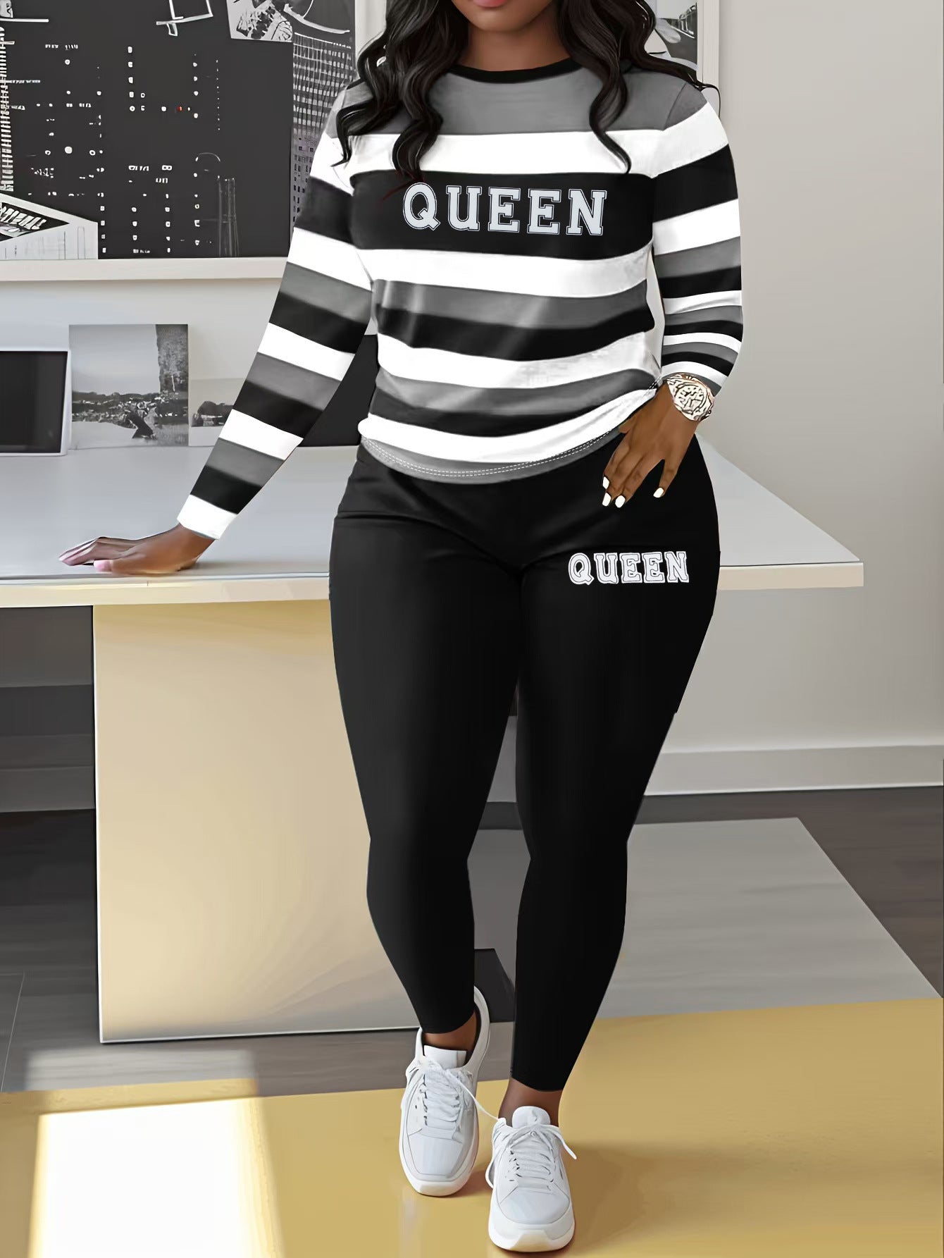 Damen Sportliches Zweiteiler-Set mit gestreiftem Oberteil und leggings WW