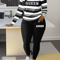 Damen Sportliches Zweiteiler-Set mit gestreiftem Oberteil und leggings WW