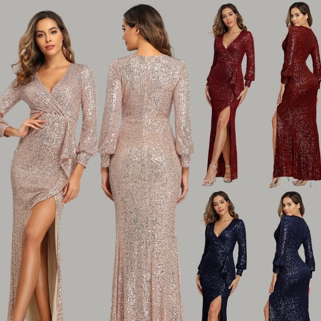 Damen Glamouröses Abendkleid mit vorteilhaftem Wickeleffekt und langen Ärmel WW