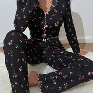 Damen Pyjama-Set mit zarter Rüsche und floralem Muster WW