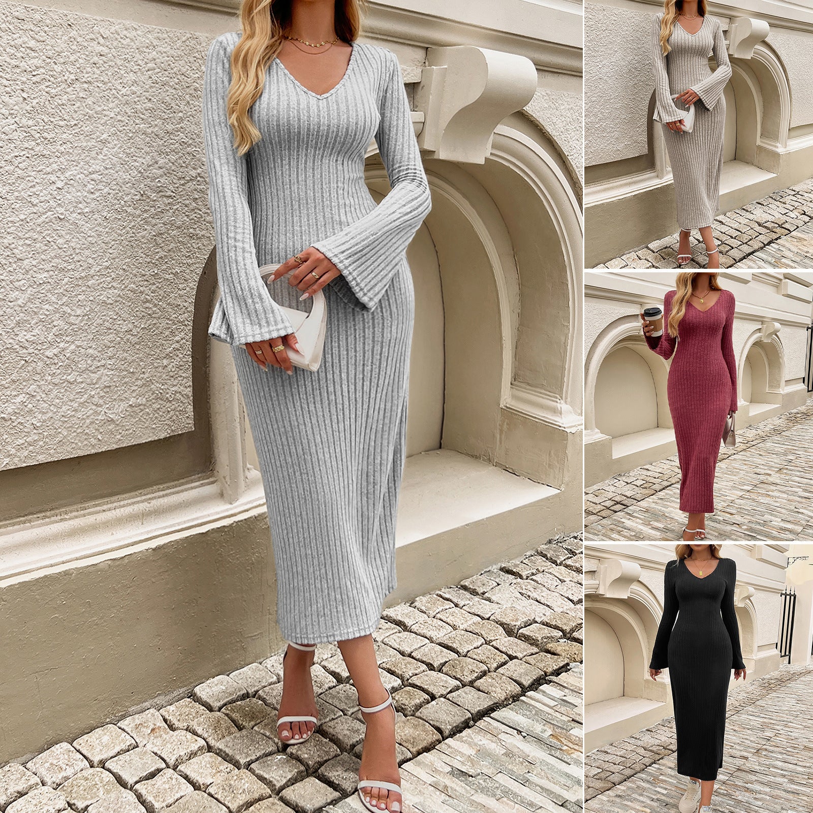 Damen Strick-Midi-Kleid mit V-Ausschnitt und voluminösen Ärmeln WW